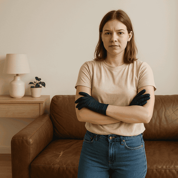 Young woman in gloves standing confidently in front of a worn leather sofa, ready to repair it herself at home.