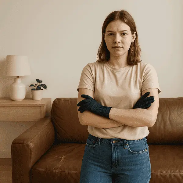 Young woman in gloves standing confidently in front of a worn leather sofa, ready to repair it herself at home.