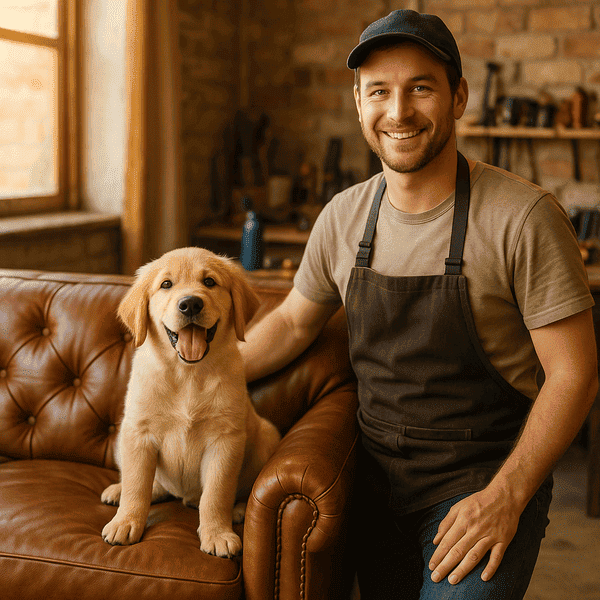 Golden retriever puppy on a freshly restored brown leather sofa with a leather repair technician | Mobile leather furniture repair near me
