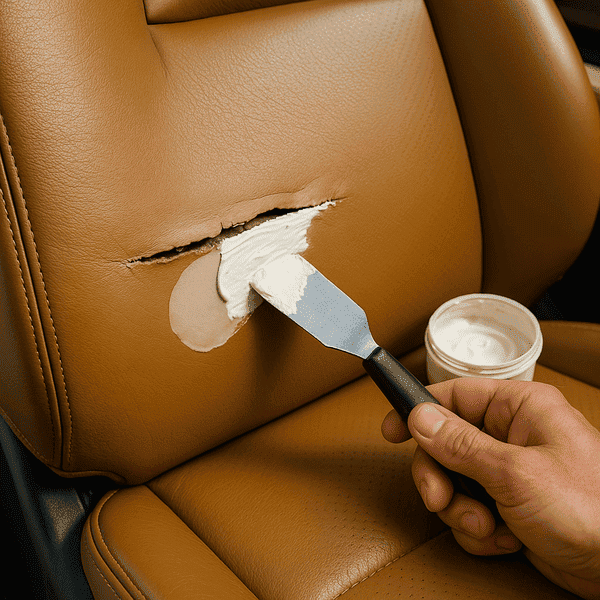 Hand applying filler to mend a large tear in leather car seat during repair process