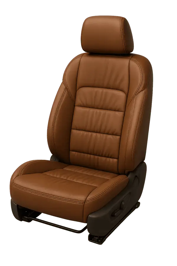 Car leather repair San Diego - restored brown leather car seat with stitching