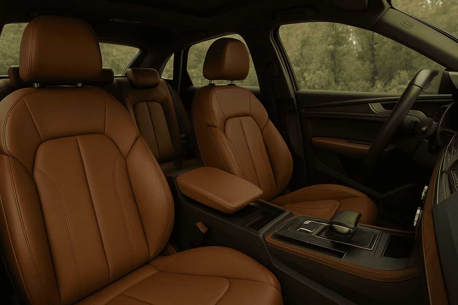 Luxury brown leather car interior after auto seats restoration near San Diego