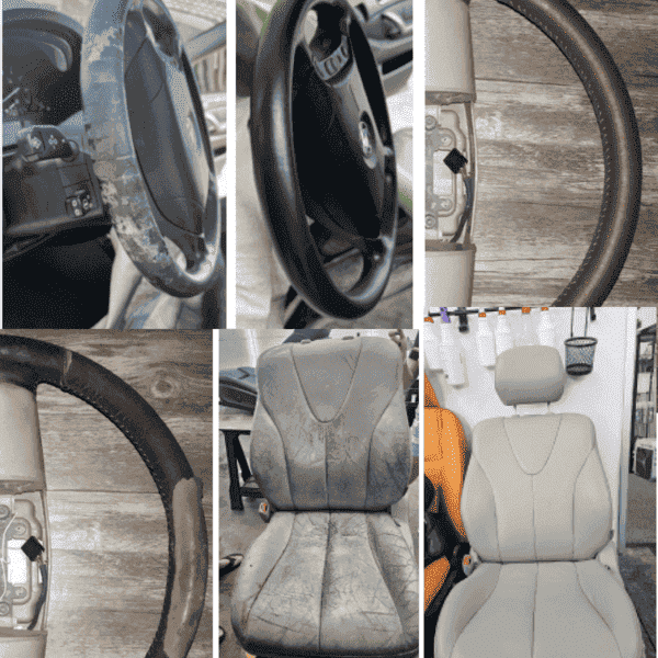 Before and after San Diego leather repair — restored leather car seat and steering wheel by local leather expert