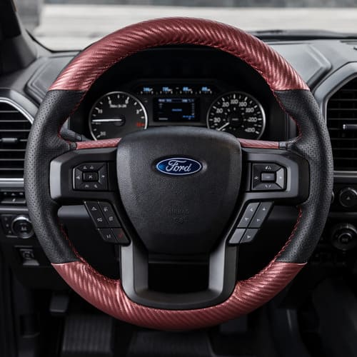 Custom steering wheel cover for Ford F-150 with black leather, perforated grips, and red carbon-style inserts