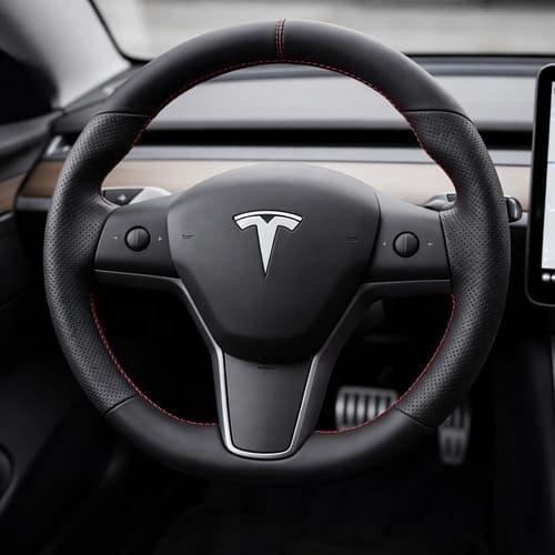 Black leather steering wheel cover with red stitching on Tesla steering wheel