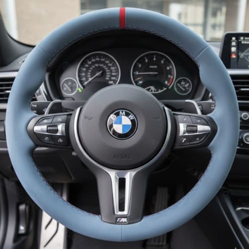 Blue Alcantara steering wheel cover installed on BMW steering wheel