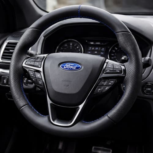 Black leather steering wheel cover with perforated grips and blue stitching on Ford steering wheel