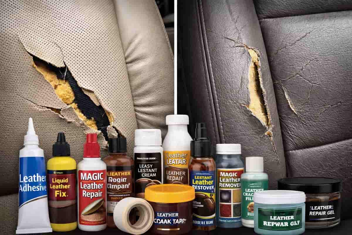 Damaged leather car seats with large tears including perforated and smooth leather surrounded by DIY repair kits showing why it is difficult to repair a large tear in leather car seat without professional restoration