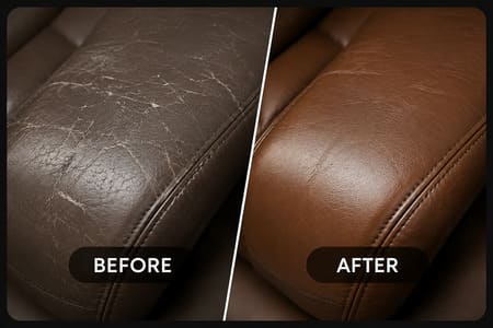 Before and after leather restoration on brown leather armrest