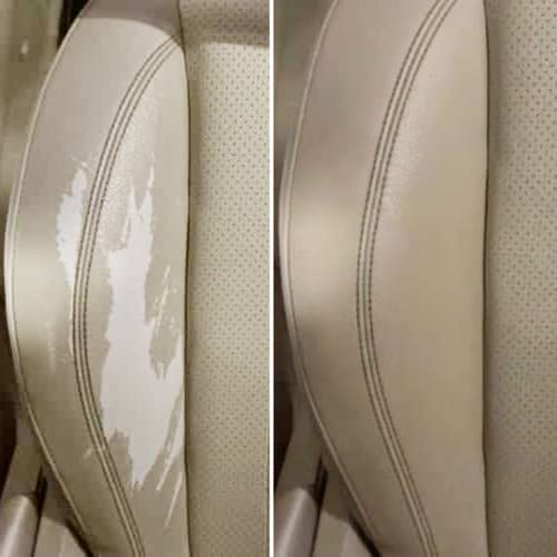 Peeling leather seat side bolster before and after repair