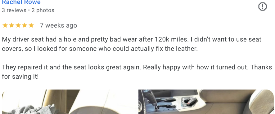 Customer review for leather seat repair and restoration service