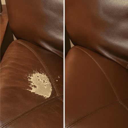 Restored brown leather seat cushion with peeling damage — furniture repair San Diego service before and after.