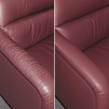 Burgundy leather armrest restoration before and after — San Diego furniture repair for worn textures.
