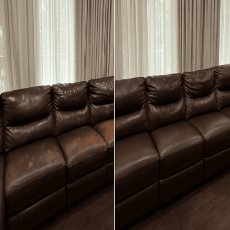 Full leather sectional couch restored from sun-faded damage — expert furniture repair San Diego.