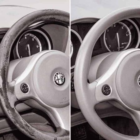 Alfa Romeo leather steering wheel before and after professional restoration