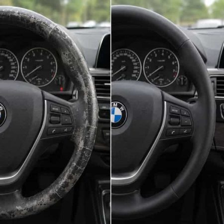 BMW steering wheel before and after leather restoration
