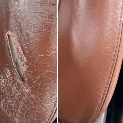 Before and after cracked leather seat bolster repair with color restoration
