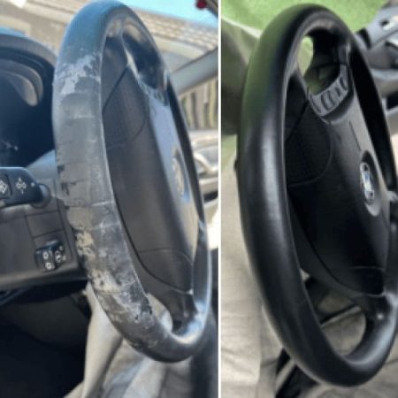 Black leather steering wheel before and after professional restoration