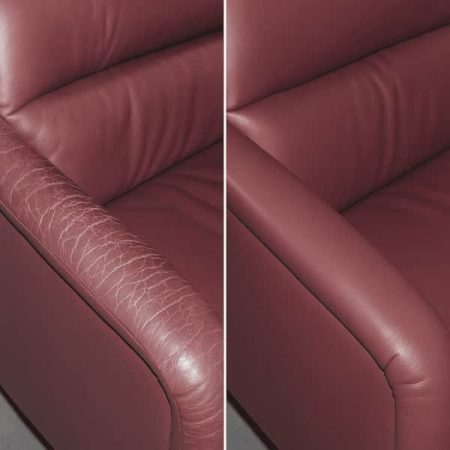 Burgundy leather armrest restoration before and after — San Diego furniture repair for worn textures.