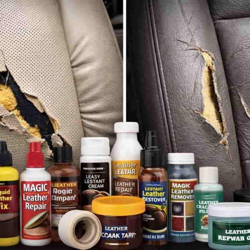 Damaged leather car seats with large tears including perforated and smooth leather surrounded by DIY repair kits showing why it is difficult to repair a large tear in leather car seat without professional restoration