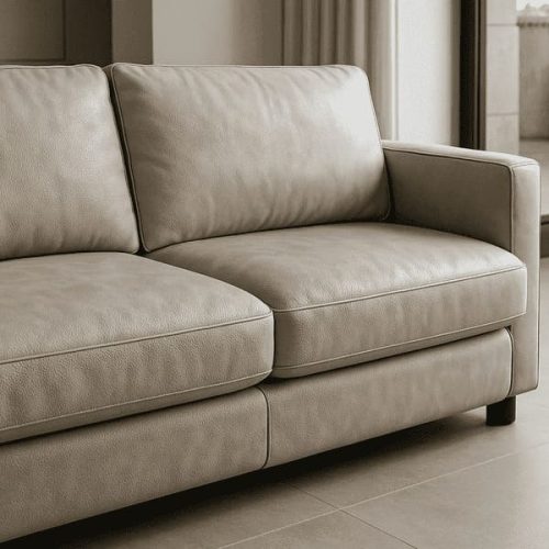 Beige leather sofa close-up showing texture and quality upholstery for choosing leather furniture guide