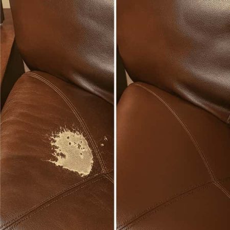 Burgundy leather armrest restoration before and after — San Diego furniture repair for worn textures.