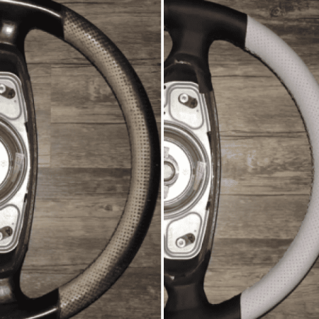 Two-tone leather steering wheel before and after restoration