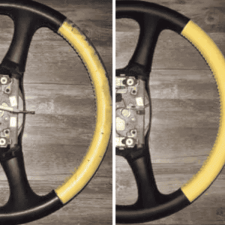 Black and yellow leather steering wheel before and after restoration