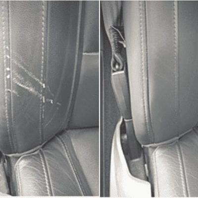 Before and after leather seat side panel scratch restoration