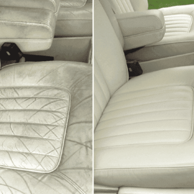 Before and after leather car seat restoration – cracked and faded seat repaired to smooth like new finish