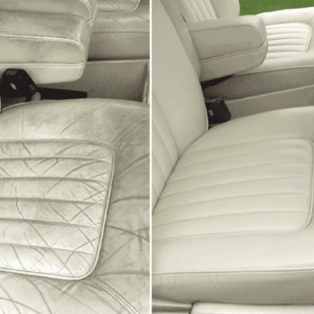 Before and after leather car seat restoration – cracked and faded seat repaired to smooth like new finish