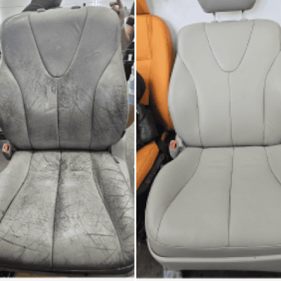 Before and after leather car seat restoration – cracked, faded seat repaired to smooth like new condition