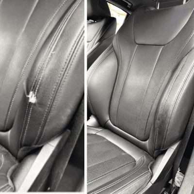 Before and after black leather seat rip repair on side panel