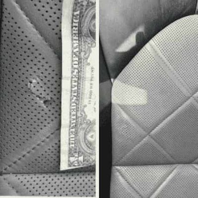 Repair of a hole in a perforated leather car seat – seamlessly restored to original look.