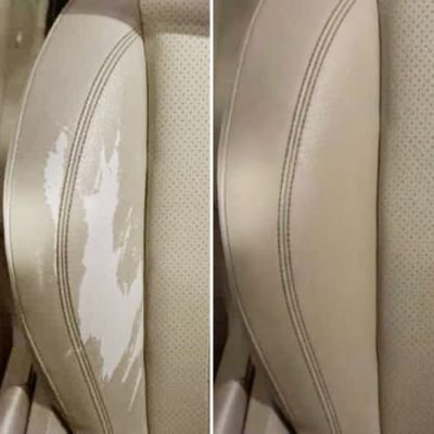 Peeling leather seat side bolster before and after repair