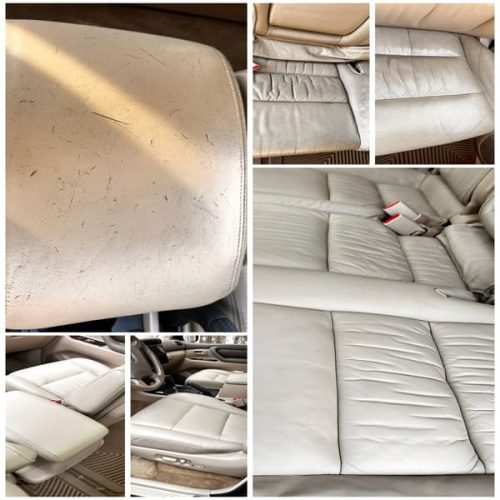 Professional car leather repair before and after showing Toyota Land Cruiser seat restoration by leather specialist