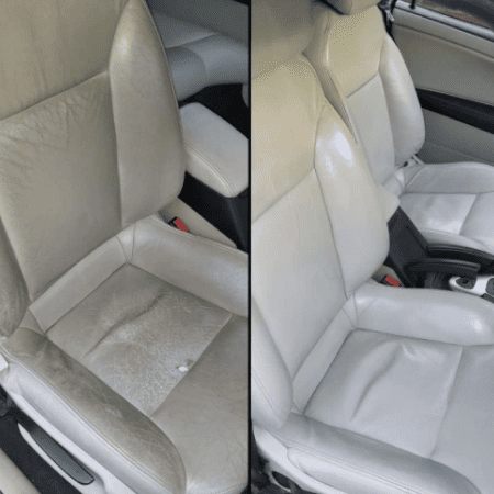 Dyeing leather car seats red burgundy - faded to restored classic car seat back San Diego