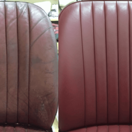 Coloring leather car seats red burgundy - faded to restored classic car seat back San Diego