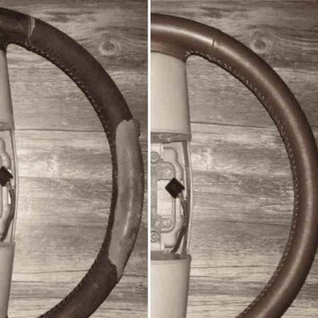 Leather steering wheel before and after full restoration