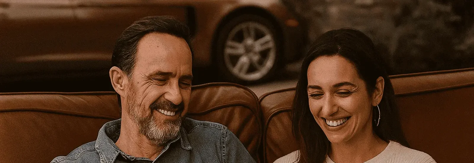 Smiling Clients After Leather Restoration Near Me in San Diego Happy couple sitting on a brown leather sofa after leather restoration near me service