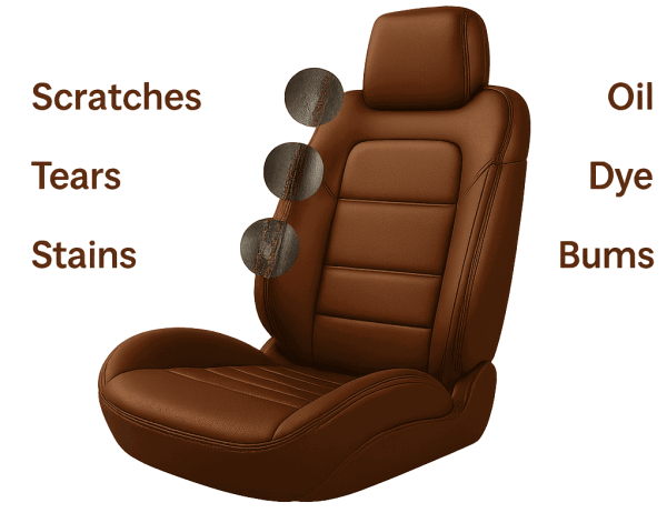 Brown leather repair San Diego seat with labels showing common damage types like scratches, tears, stains, oil, dye, and burns