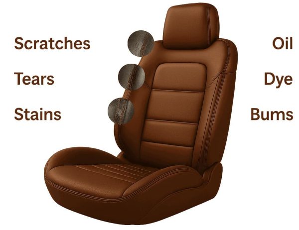 Best leather repair San Diego seat with labels showing common damage types like scratches, tears, stains, oil, dye, and burns
