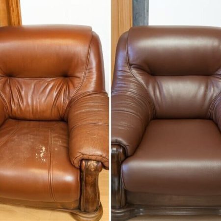 Before and after leather armchair restoration — expert furniture repair San Diego for cracked and faded leather.