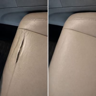 Leather car seat repair before and after – tear fixed, natural wear preserved